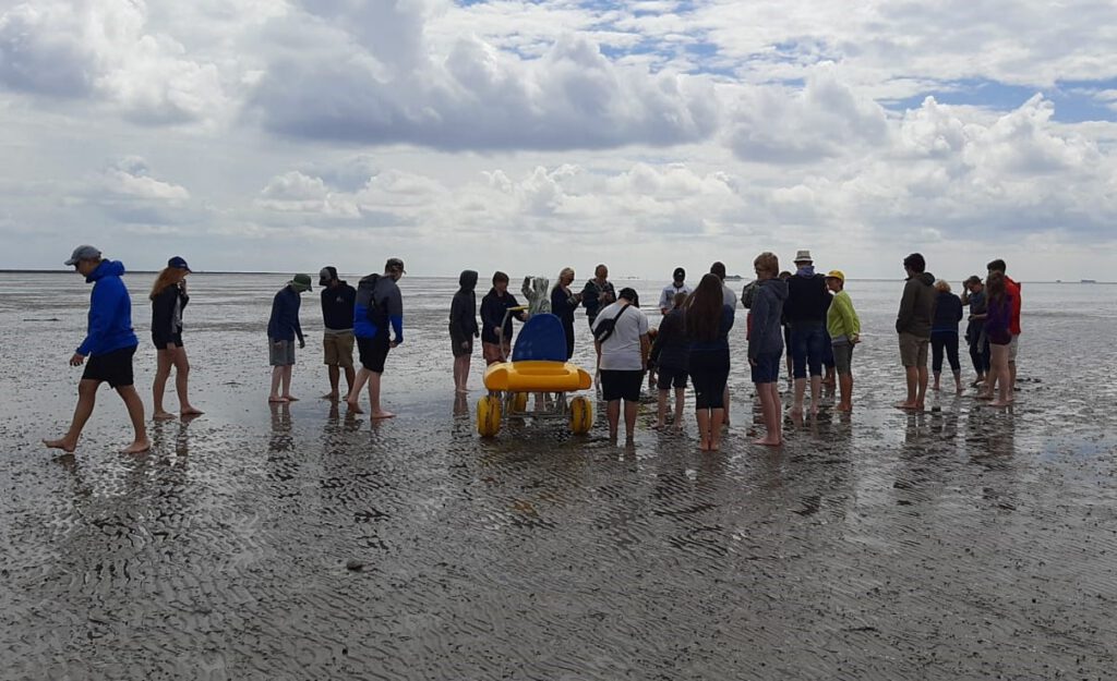 Eine Gruppe von Schüler*innen und Lehrkräften auf einem Watt-Strand.