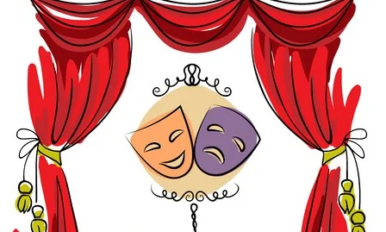 Ein Clipart einer Bühne mit zwei Theatermasken im Vordergrund: Theaterkurs und Schultheaterwoche 2023