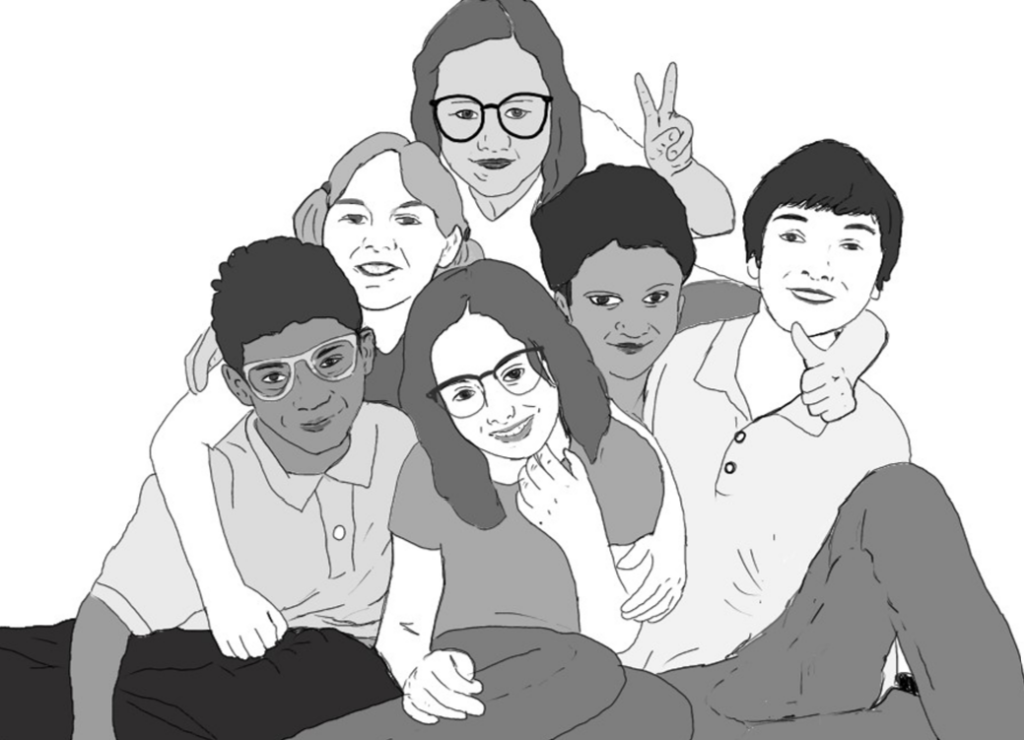 Eine Zeichnung in schwarz-weiß mit mehreren Jugendlichen, die eng beinander sitzen und genau in die Kamera blicken