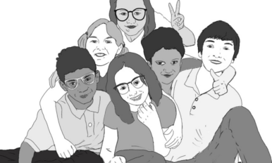 Eine Zeichnung in schwarz-weiß mit mehreren Jugendlichen, die eng beinander sitzen und genau in die Kamera blicken