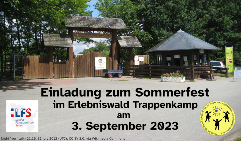 Einladung zum Sommerfest im Erlebniswald Trappenkamp am 3. September 2023. Abgebildet sind der Eingangsbereich Erlebniswald Trappenkamp sowie das Logo des LFS sowie des Vereins.