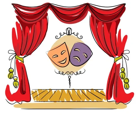 Ein Clipart von einer Bühne mit zwei Theatermasken im Vordergrund