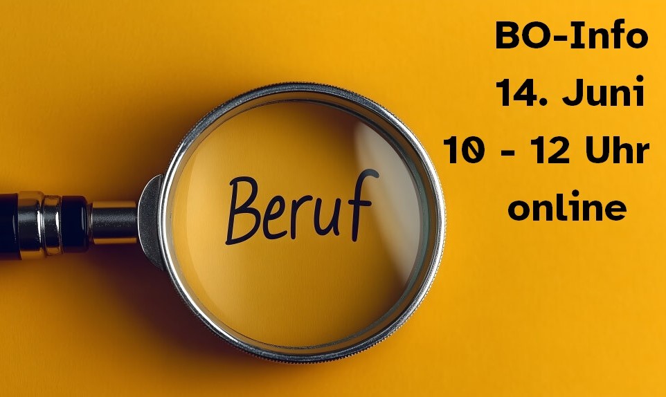 BO-Info Eine Lupe auf gelbem Hintergrund hebt das Wort „Beruf“ hervor.