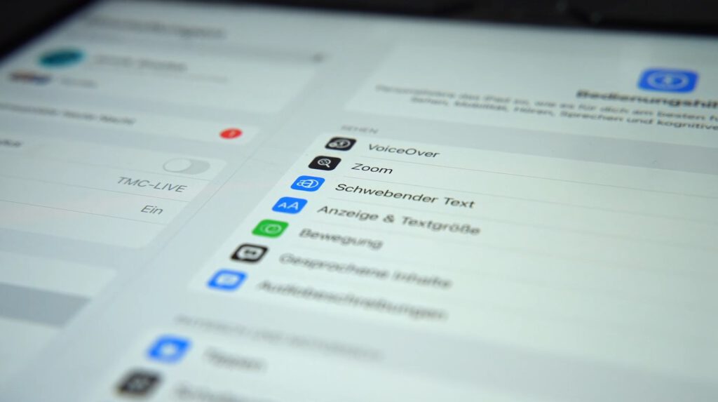 Eine Nahaufnahme eines Tablet-Bildschirms mit den Barrierefreiheitseinstellungen auf Deutsch. Optionen wie VoiceOver, Zoom und Textgrößenanpassung sind sichtbar. Die Benutzeroberfläche ist im Fokus und hebt die Barrierefreiheitsfunktionen hervor.