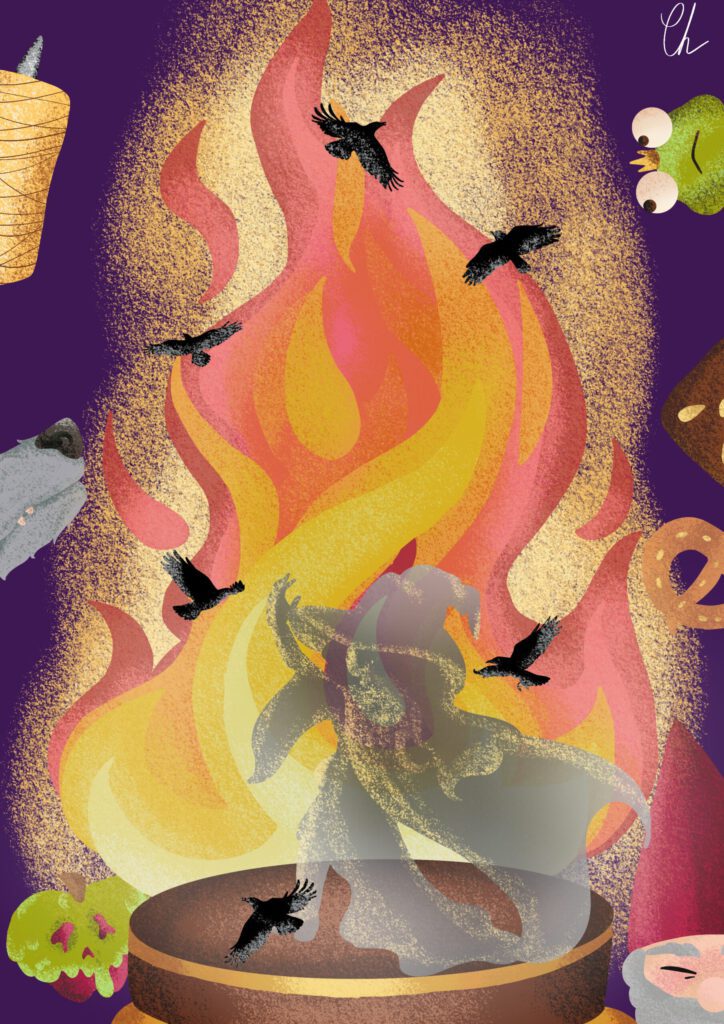 Illustration im Hochformat: Vor dunkelviolettem Hintergrund lodert eine große, bunte Feuerflamme. Darin und darüber fliegen schwarze Krähen. Unten steht eine geisterhafte, halbtransparente Figur auf einem runden Podest, seitlich sind angedeutete Essenssymbole wie Döner-Spieß, Apfel und Gebäck zu sehen.